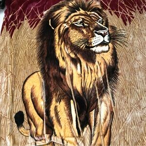 Vtg Large Lion Fleece Blanket Majestic Lion in Tall Grass 90” x 78”
